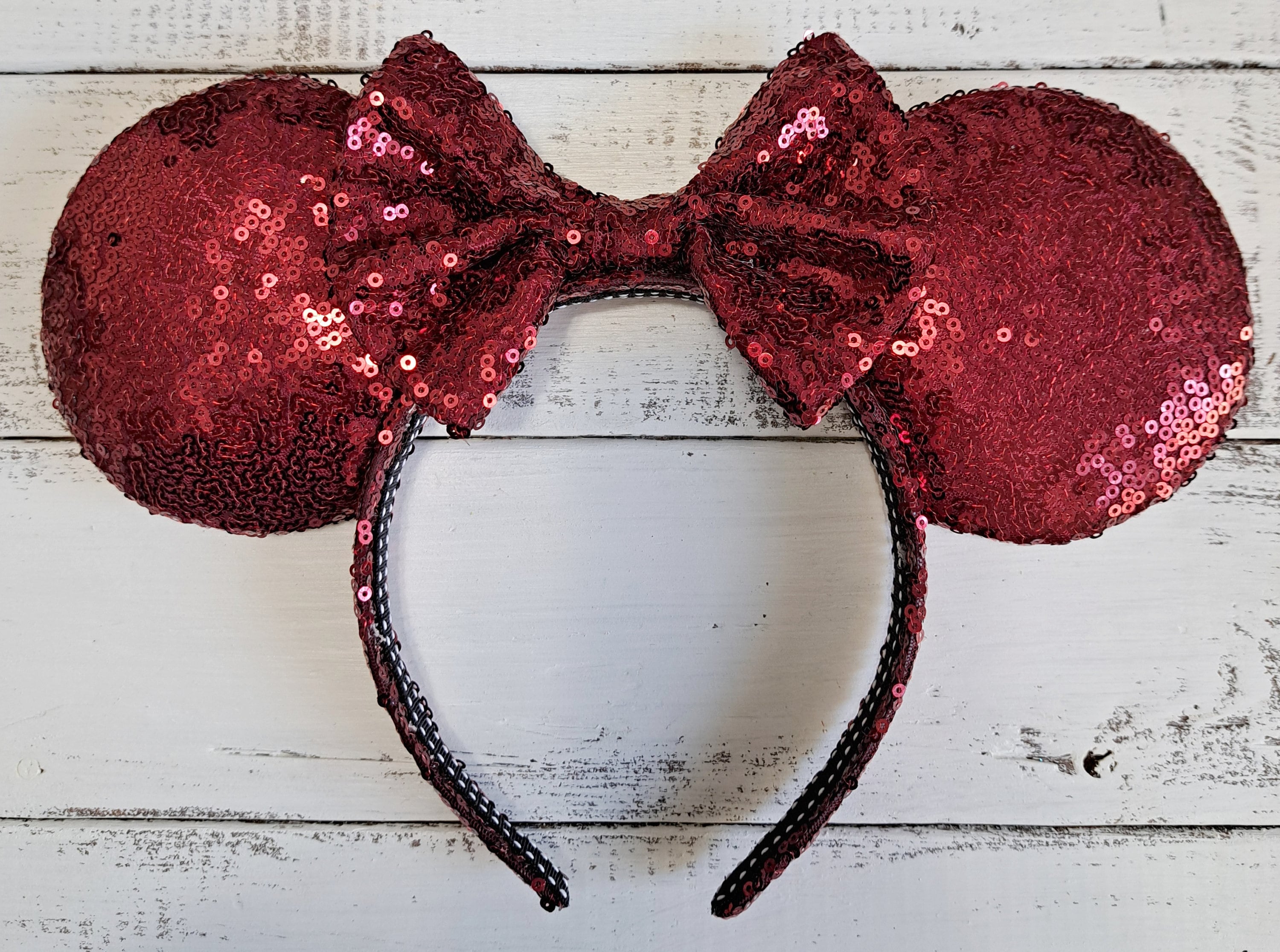 Disney Parks Burgundy Red Sequin Mickey Ears Headband Mickey Mouse Red Heart Sequin Bow Girl Minnie Ears Disney  main image 4
