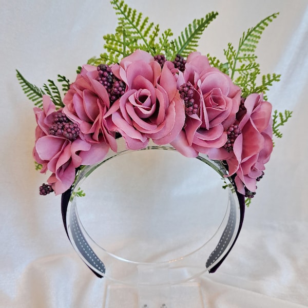 Lavender Rose and fern Floral Crown Headpiece, Boho, Fairy Cosplay, wedding, Quinceanera, Photography Prop Hair Accessory