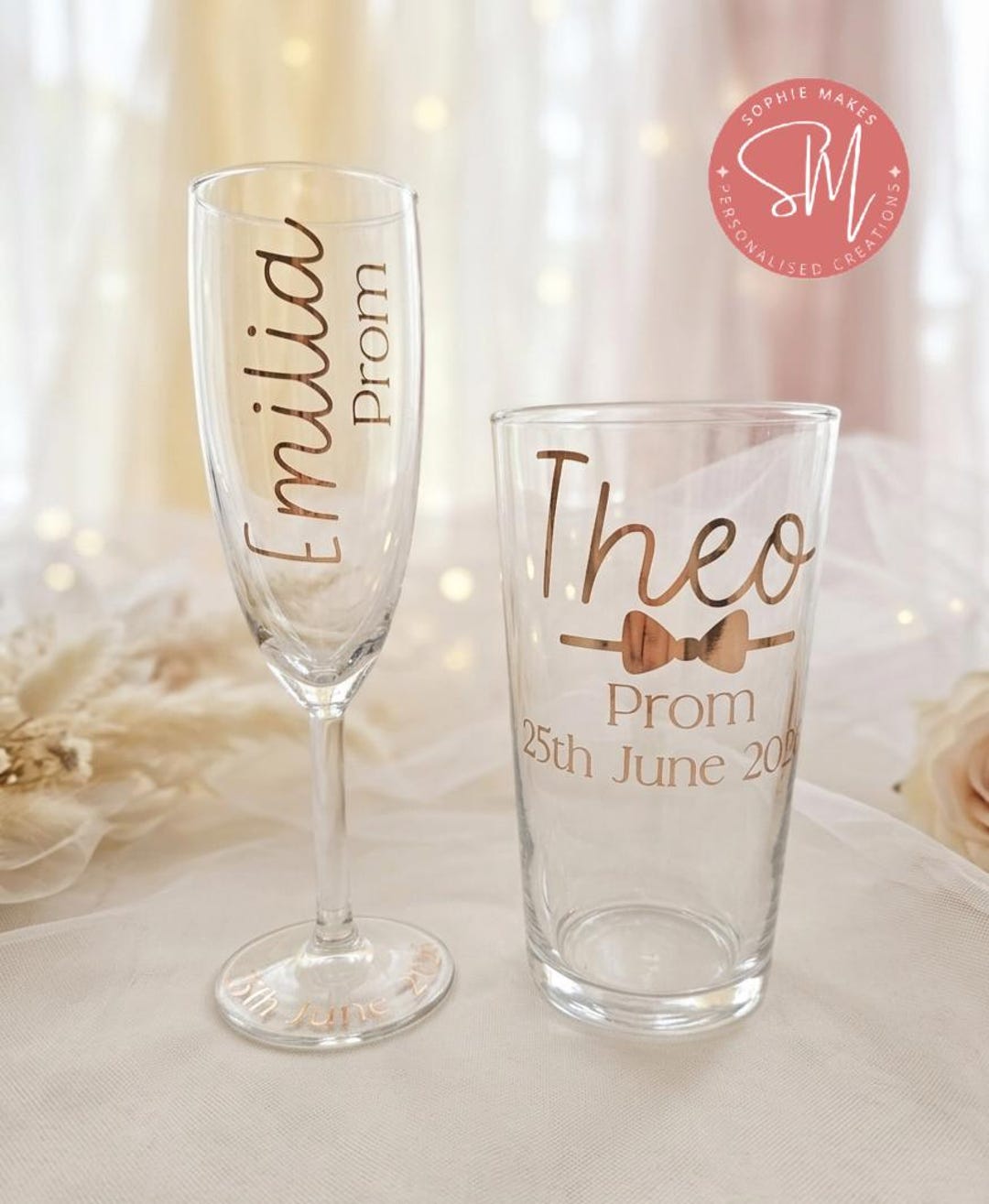 Prom Flutes Personalised Prom Gift Set - Prosecco Flute and Pint Glass - His & Hers ...