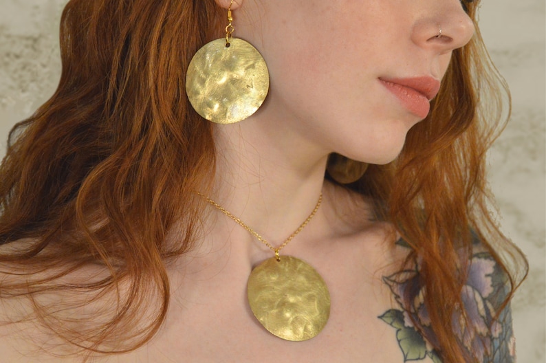 Freckled Brass Jewellery Set Yellow Metal Pendant /& Earrings Geometric Jewelry Gold Set Circle Pendant Metal Triangle