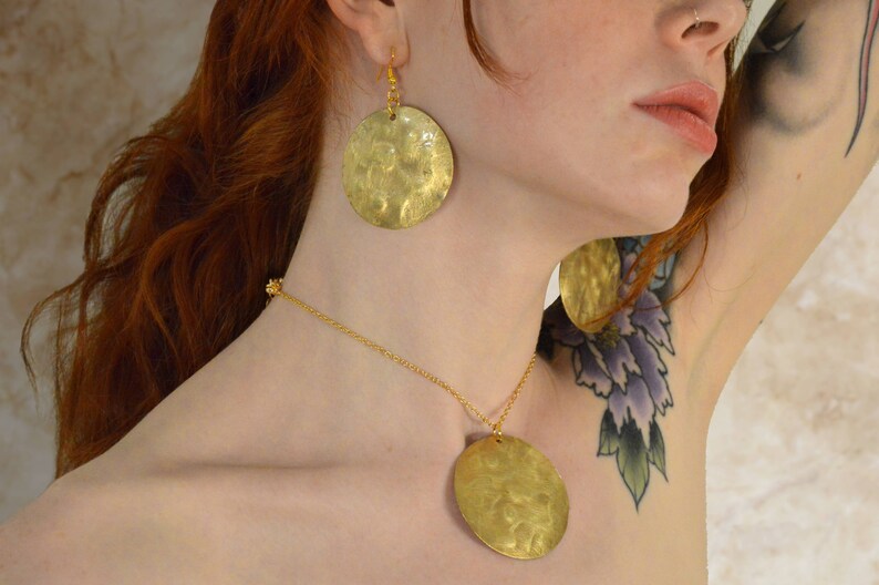 Freckled Brass Jewellery Set Yellow Metal Pendant /& Earrings Geometric Jewelry Gold Set Circle Pendant Metal Triangle