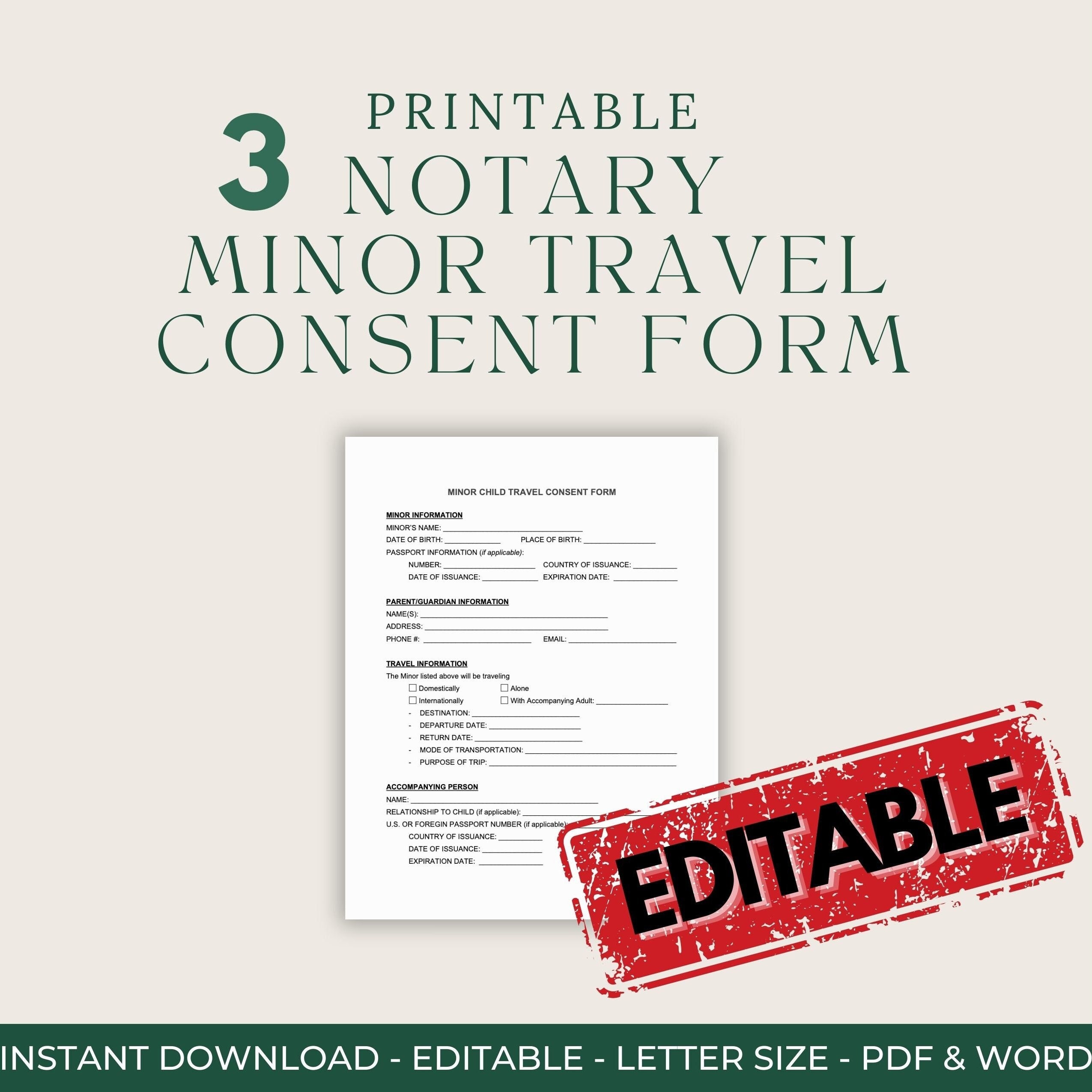 3 Printable Minor Travel Consent Forms - Editable Word Doc - Printable ...