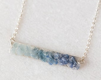 Blue ombre necklace, Multi gemstone jewelry, Aquamarine, Kyanite and Sapphire Bar Necklace, Raw Crystal Necklace,