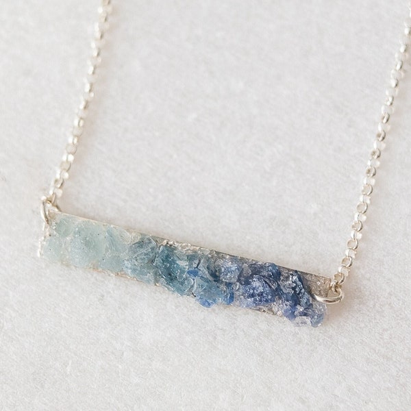Blue ombre necklace, Multi gemstone jewelry, Aquamarine, Kyanite and Sapphire Bar Necklace, Raw Crystal Necklace,