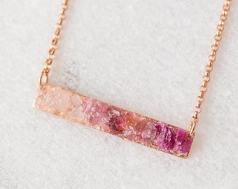 Pink Tourmaline, Rose Quartz, Ruby Necklace, Pink Ombre Bar Necklace, Raw Gemstone Necklace, Dainty Mosaic Necklace, Rectangle Bar Necklace