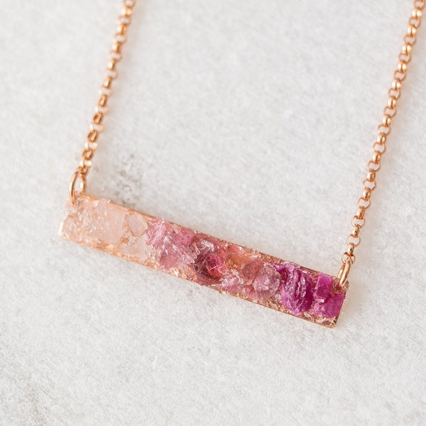 Pink Tourmaline, Rose Quartz, Ruby Necklace, Pink Ombre Bar Necklace, Raw Gemstone Necklace, Dainty Mosaic Necklace, Rectangle Bar Necklace