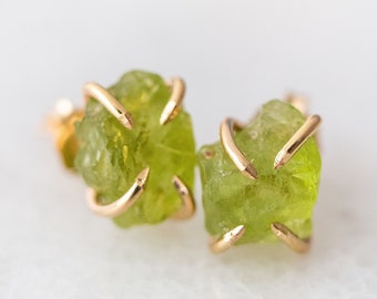 Raw Peridot Earrings, Rough Peridot Studs, Green Earrings, Raw Gemstone Jewelry, Gem Stud Earrings, Gift For Her, Raw Birthstone August