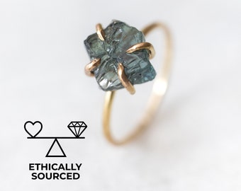 Raw sapphire ring, Rough teal sapphire solitaire ring, September birthstone ring, ethical jewelry, virgo zodiac jewelry