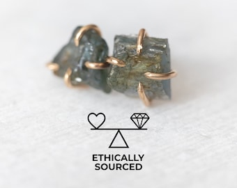Raw sapphire earrings, Rough teal sapphire studs, September birthstone gift, Ethically sourced sapphire, Raw gemstone studs
