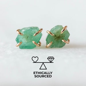 Raw emerald earrings - May birthstone jewelry - Taurus zodiac stone earrings - raw crystal studs - Natural emerald