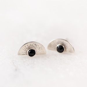 Spinel sun earrings, Dainty rose cut gemstone studs, Black spinel jewelry, August birthstone earrings, Black sun earrings