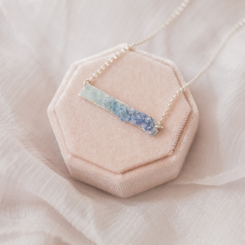 Blue ombre necklace, Multi gemstone jewelry, Aquamarine, Kyanite and Sapphire Bar Necklace, Raw Crystal Necklace, image 2
