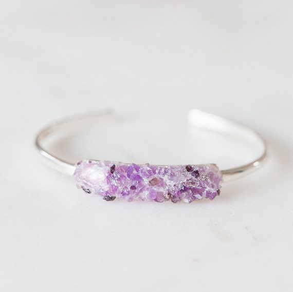 February Birthstone Bracelet Amethsyt Raw Crystal bracelet Gold bangle birthstone initial Rough Cut Gemstone adjustable Gift for best friend