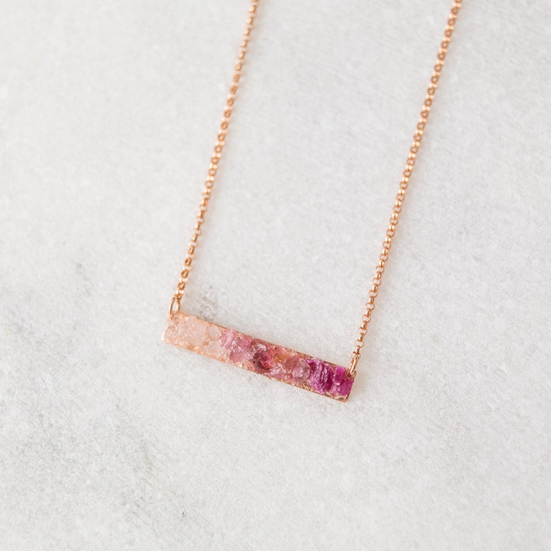 Pink Tourmaline, Rose Quartz, Ruby Necklace, Pink Ombre Bar Necklace, Raw Gemstone Necklace, Dainty Mosaic Necklace, Rectangle Bar Necklace image 1