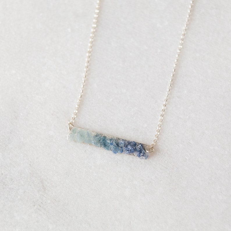 Blue ombre necklace, Multi gemstone jewelry, Aquamarine, Kyanite and Sapphire Bar Necklace, Raw Crystal Necklace, image 1