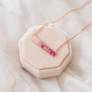 Pink Tourmaline, Rose Quartz, Ruby Necklace, Pink Ombre Bar Necklace, Raw Gemstone Necklace, Dainty Mosaic Necklace, Rectangle Bar Necklace image 2