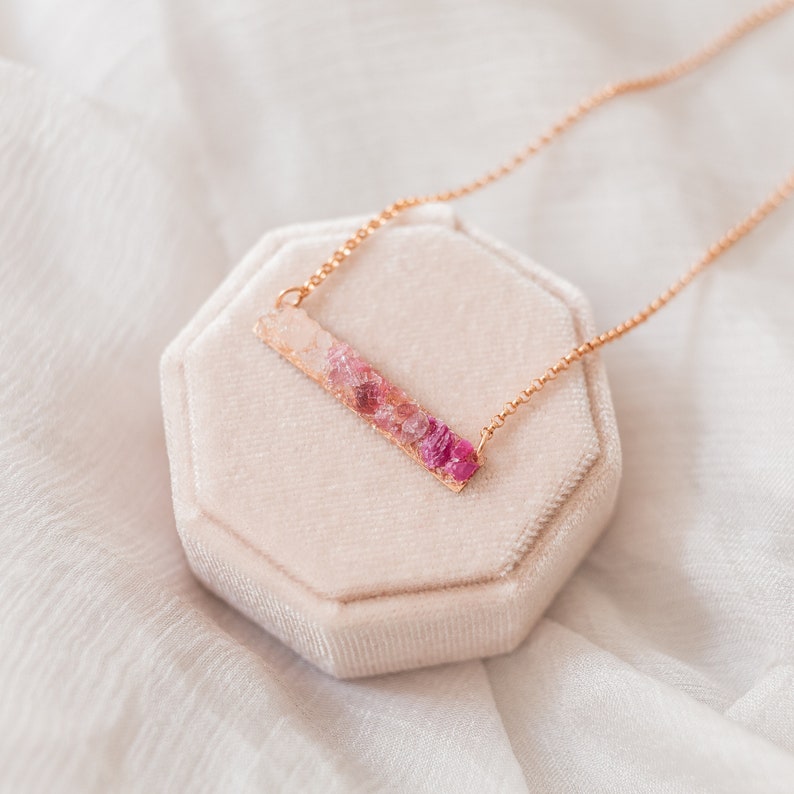 Pink Tourmaline, Rose Quartz, Ruby Necklace, Pink Ombre Bar Necklace, Raw Gemstone Necklace, Dainty Mosaic Necklace, Rectangle Bar Necklace image 2