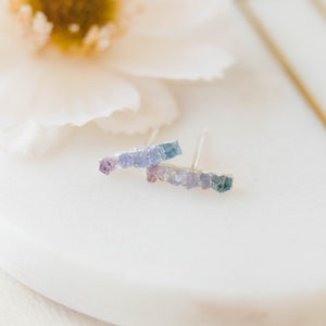 Gemstone Bar Studs Earrings, Purple Ombre Raw Gemstone Jewelry, Sapphire Earrings, Sterling Silver Jewelry, Boho Earrings, Bridesmaid Gift image 2