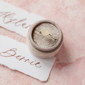 May include: A ring with a white opal gemstone set in a silver band, displayed in a small grey velvet ring box.