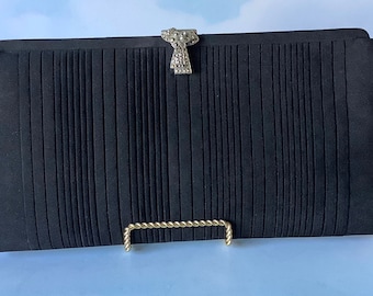 Black Evening Dance Bag or Purse, Vintage Evening Clutch with Finger Strap, Pleated Fabric and Diamante Clasp, Made In England, circa 1950's