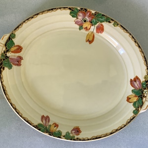 Grindley Small Sandwich / Cake Plate, Vintage Grindley, Art Deco Style Black & Gold Border, Yellow and Orange Tulips, c1936~1954