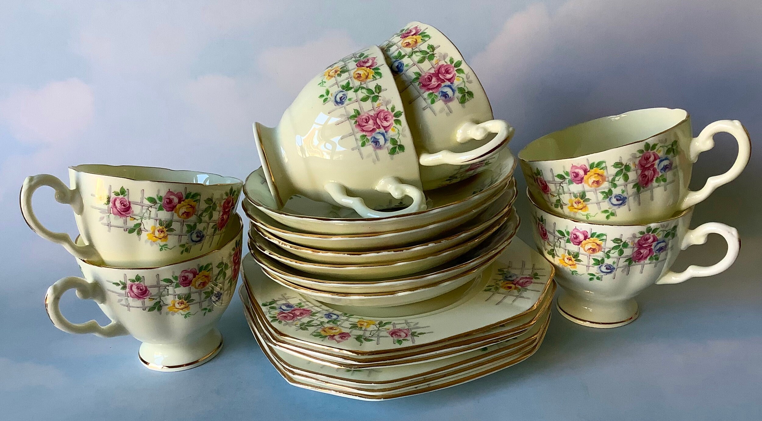 Tuscan China Tea Set for Six, Vintage RH & SL Plant Teacup