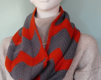 Crochet Chevron Infinity Scarf, Hand Crochet Scarf, Orange & Grey Stripes, Handmade in 8 Ply 100% Cotton Yarn