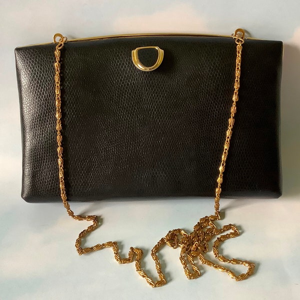 Jane Shilton Black Leather Small Evening Bag or Clutch. Vintage Shoulder Bag or Clutch with Gold Chain & Clasp, c1990's