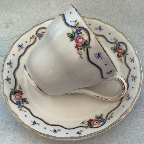 Grindley Linden Lea Demitasse Coffee Duo,  Vintage Cup & Saucer with Ribbon and Floral Decoration, Gilt Trim, 19350's