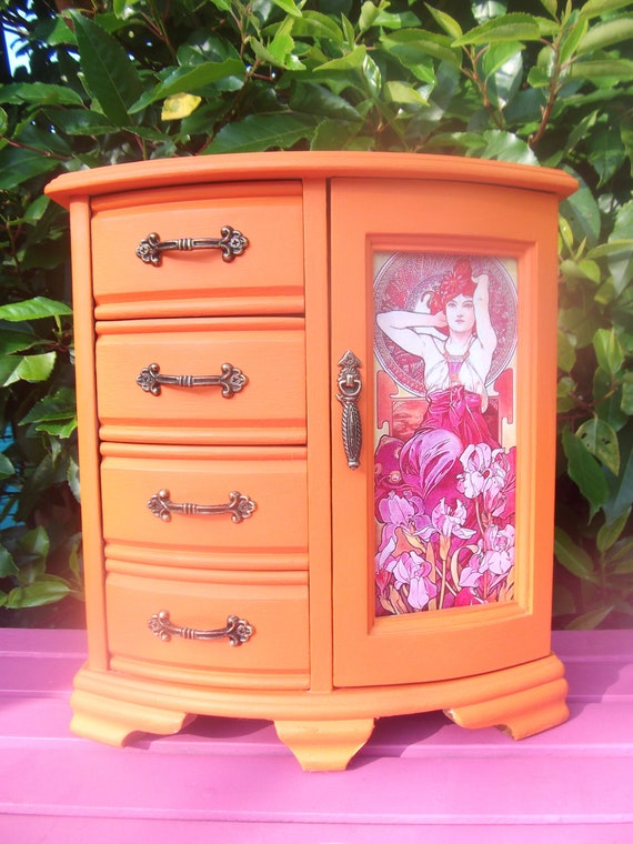 Orange Wooden Wardrobe Jewellery Box Art Nouveau Hand Painted Etsy