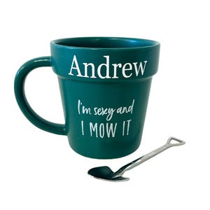 Personalised Gardener Mug: Funny Plant Pot with Shovel Spoon