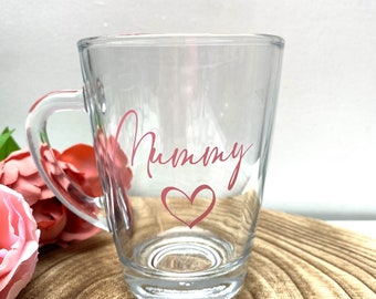 Personalized Glass Mug, Custom Name with Heart, Mother's Day Gift