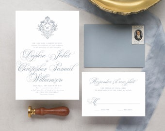 Blue Formal Wedding Invitation with Monogram Crest, Printable Wedding Invitations, Elegant Wedding Invitation Set, Classic Wedding Invites