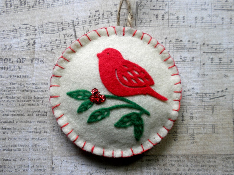 RED BIRD on Branch Felt Christmas Tree Ornament image 2