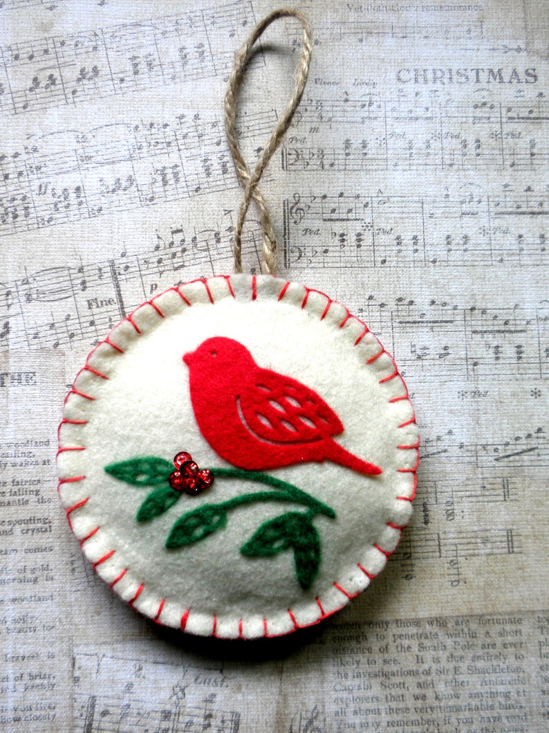 RED BIRD on Branch Felt Christmas Tree Ornament image 5