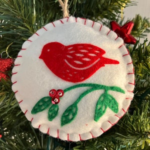 RED BIRD on Branch Felt Christmas Tree Ornament image 6