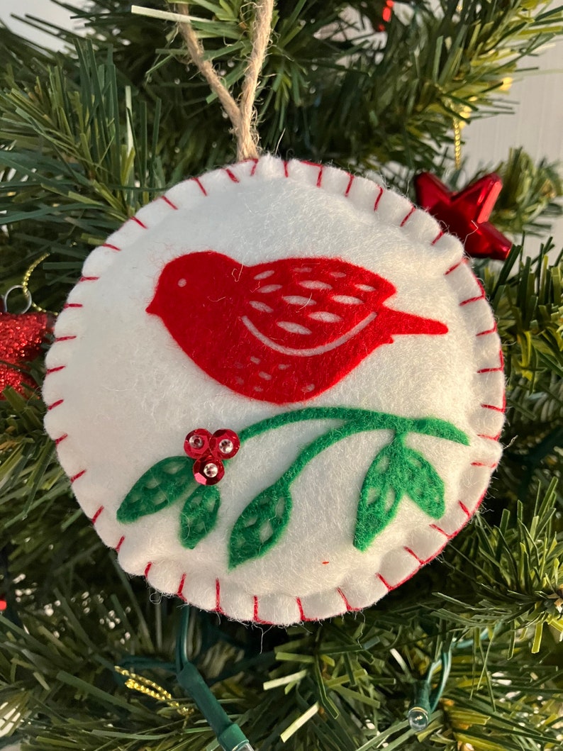 RED BIRD on Branch Felt Christmas Tree Ornament image 6