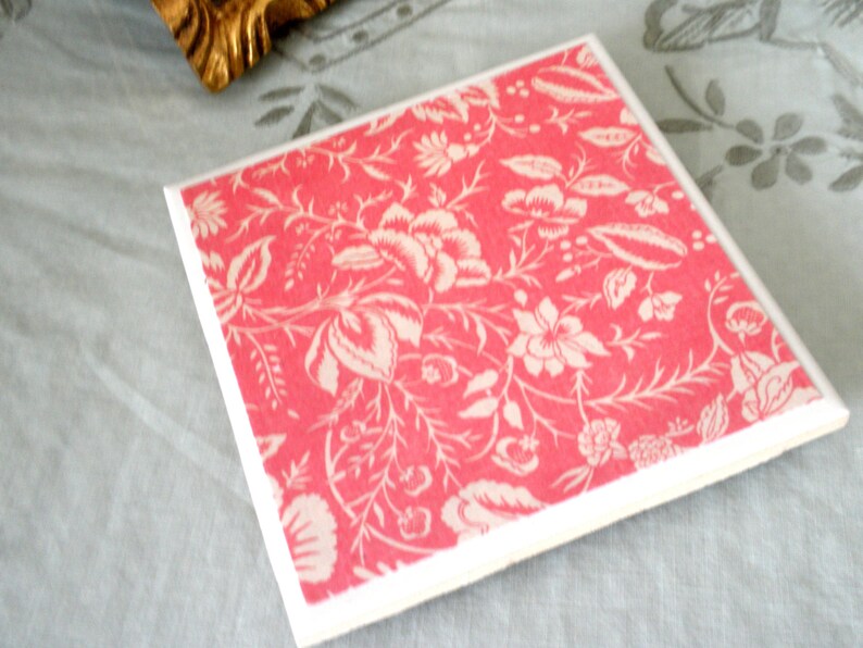 PINK and WHITE FLORAL Print Ceramic Tile Coasters Set of 4 image 2