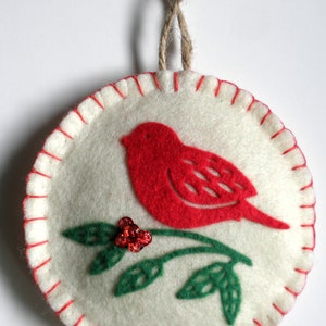 RED BIRD on Branch Felt Christmas Tree Ornament image 3