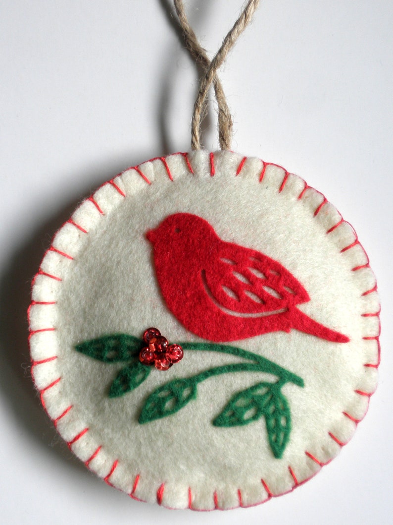 RED BIRD on Branch Felt Christmas Tree Ornament image 3