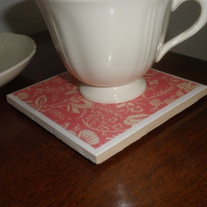 PINK and WHITE FLORAL Print Ceramic Tile Coasters Set of 4 image 4