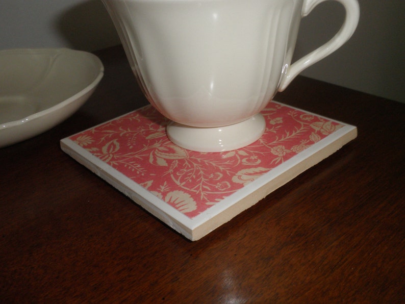 PINK and WHITE FLORAL Print Ceramic Tile Coasters Set of 4 image 4