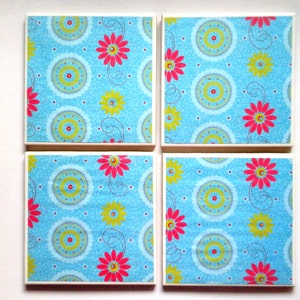 FLORAL Pattern Ceramic Tile Coasters Set of 4 image 1