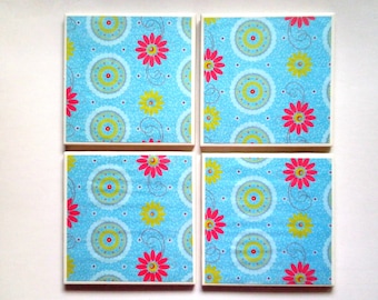 FLORAL Pattern Ceramic Tile Coasters Set of 4