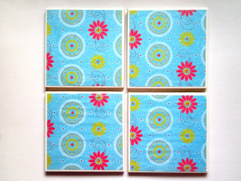 FLORAL Pattern Ceramic Tile Coasters Set of 4 image 1