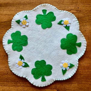 Shamrock and Flower Scalloped Wool Felt Candle Mat Table Topper 12 image 1