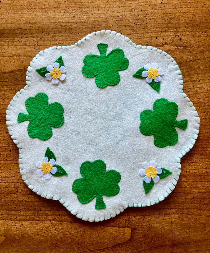 Shamrock and Flower Scalloped Wool Felt Candle Mat Table Topper 12 image 1