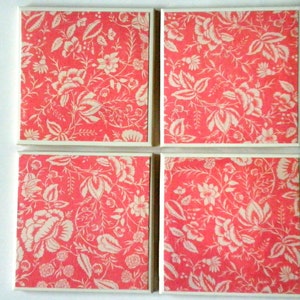 PINK and WHITE  FLORAL Print Ceramic Tile Coasters Set of 4