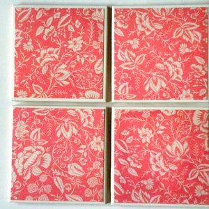 PINK and WHITE FLORAL Print Ceramic Tile Coasters Set of 4 image 1