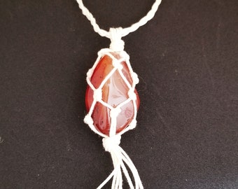 macrame gemstone necklace, red sardonyx, white corded gemstone necklace, bohemian inspired necklace, necklace with tassels